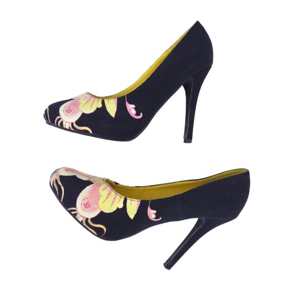 ED HARDY HEEL SZ 8 BLACK PINUP ROCKABILLY STILETTO AMMA PINK YELLOW TATTOO ART - Picture 4 of 7